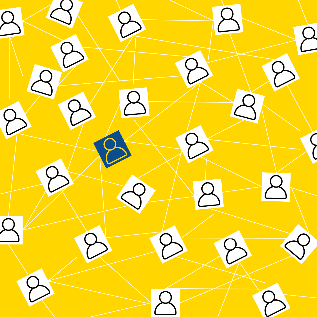 Network of user icons connected by lines on a yellow background, with one icon highlighted in blue.