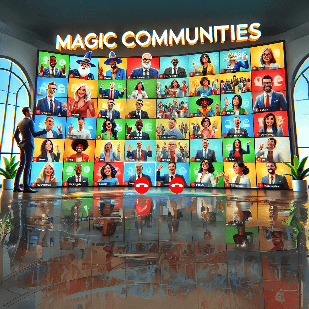 Man standing in front of a video wall with diverse animated characters in a virtual meeting.