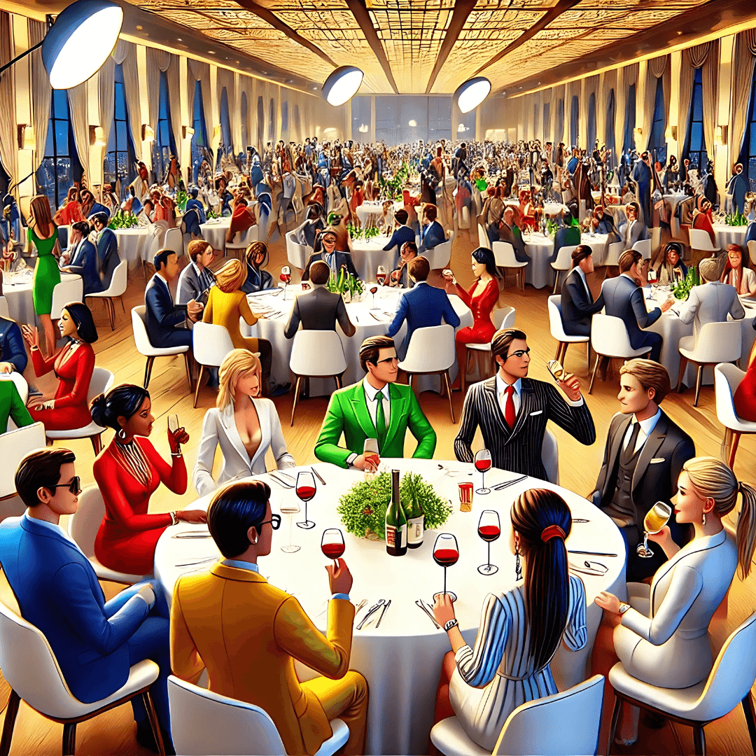Elegant gala dinner with guests in formal attire seated at round tables, holding glasses of wine.