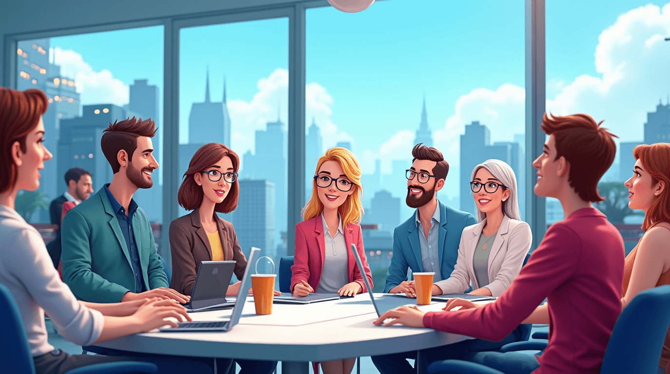 Group of professionals sitting around a conference table in an office with large windows overlooking a city skyline.
