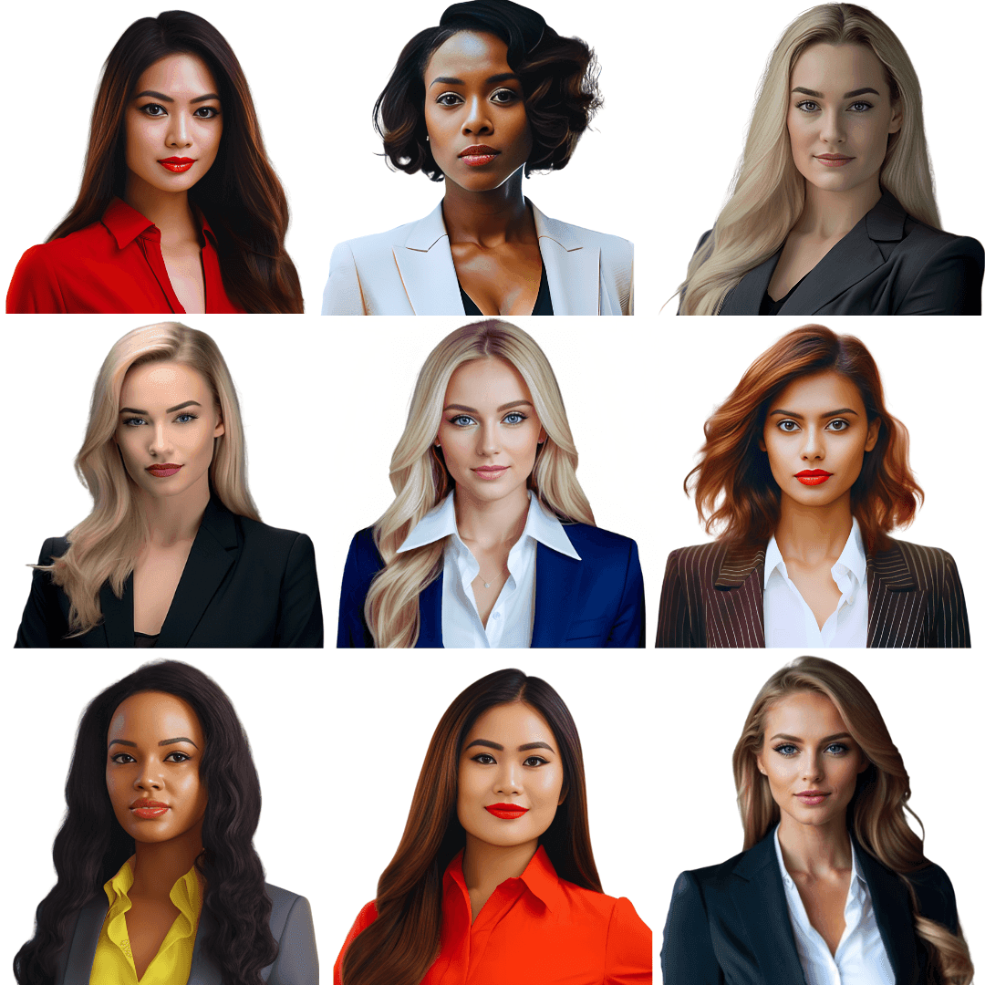 Grid of nine professional women, each dressed in business attire, against a plain background.